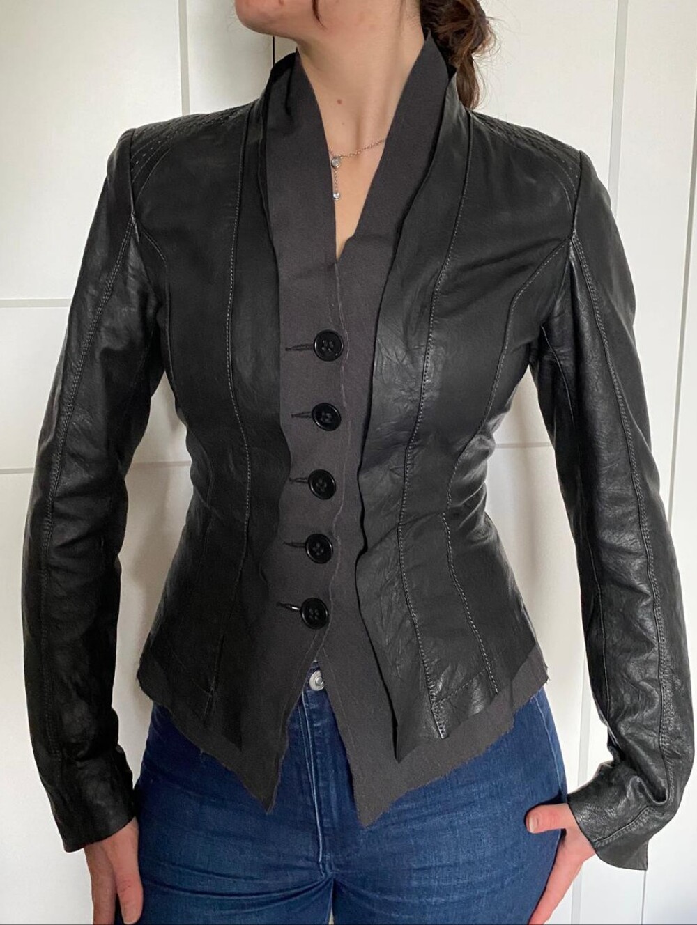 Danier Tailored Women's Leather Blazer Jacket W Fabric Panel + Original Hanger